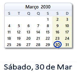 30 Março 2030 calendario