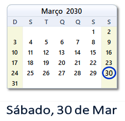 30 Março 2030 calendario