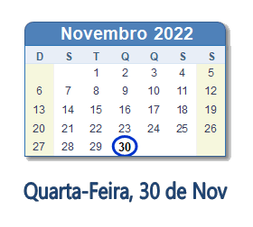30 Novembro 2022 calendario