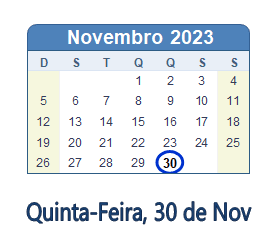 30 Novembro 2023 calendario