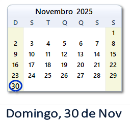 30 Novembro 2025 calendario