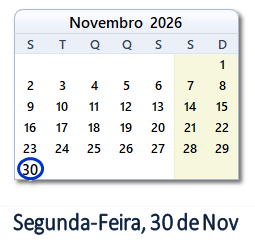 30 Novembro 2026 calendario