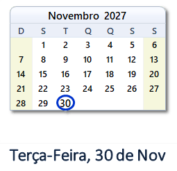 30 Novembro 2027 calendario