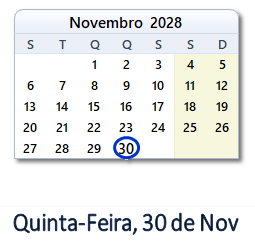30 Novembro 2028 calendario