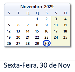 30 Novembro 2029 calendario