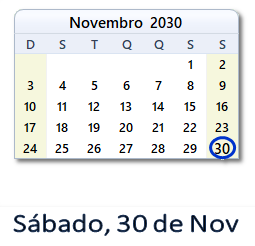 30 Novembro 2030 calendario