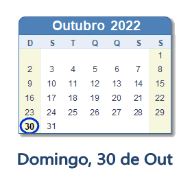 30 Outubro 2022 calendario