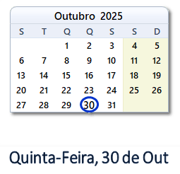 30 Outubro 2025 calendario