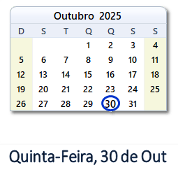 30 Outubro 2025 calendario
