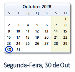 30 Outubro 2028 calendario