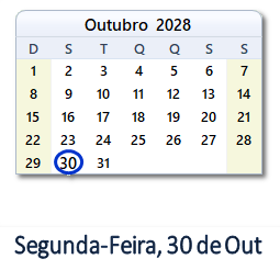 30 Outubro 2028 calendario