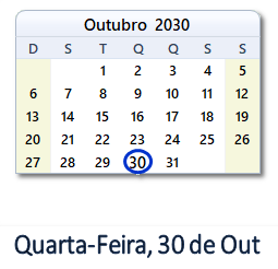 30 Outubro 2030 calendario
