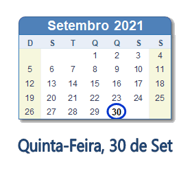 30 Setembro 2021 calendario