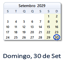 30 Setembro 2029 calendario
