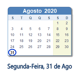 31 Agosto 2020 calendario