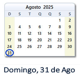 31 Agosto 2025 calendario