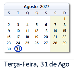 31 Agosto 2027 calendario