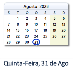 31 Agosto 2028 calendario