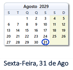 31 Agosto 2029 calendario
