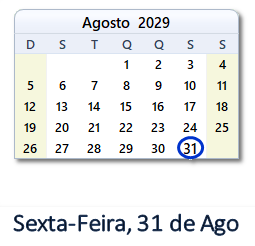 31 Agosto 2029 calendario