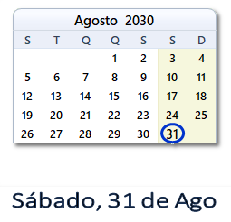 31 Agosto 2030 calendario