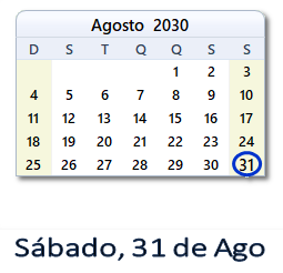 31 Agosto 2030 calendario