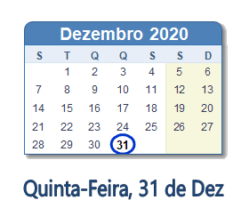 31 Dezembro 2020 calendario