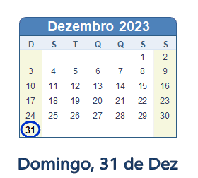 31 Dezembro 2023 calendario