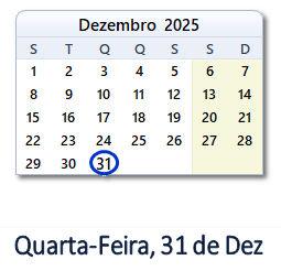 31 Dezembro 2025 calendario