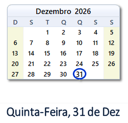31 Dezembro 2026 calendario