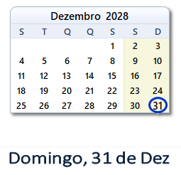 31 Dezembro 2028 calendario