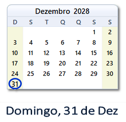 31 Dezembro 2028 calendario