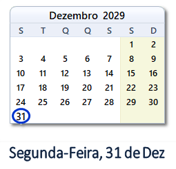 31 Dezembro 2029 calendario