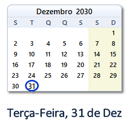 31 Dezembro 2030 calendario
