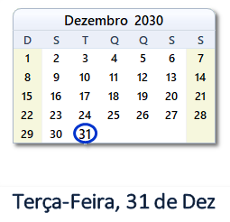 31 Dezembro 2030 calendario