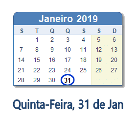 31 Janeiro 2019 calendario