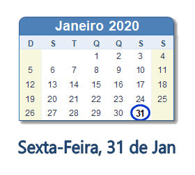 31 Janeiro 2020 calendario