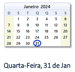 31 Janeiro 2024 calendario