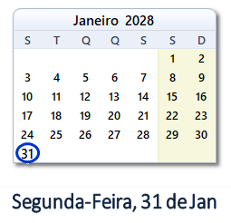31 Janeiro 2028 calendario