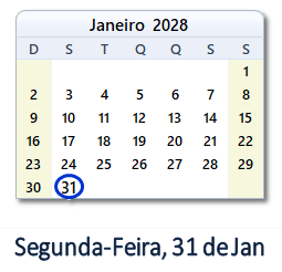 31 Janeiro 2028 calendario