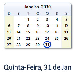 31 Janeiro 2030 calendario