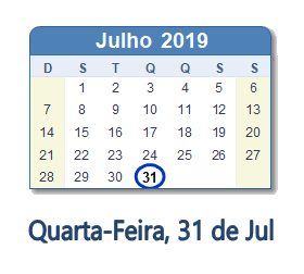 31 Julho 2019 calendario