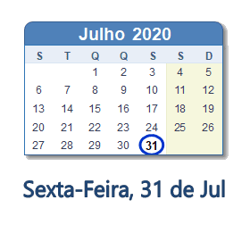31 Julho 2020 calendario