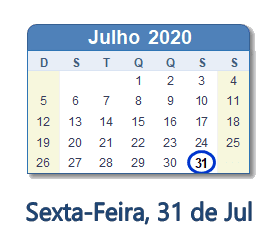 31 Julho 2020 calendario
