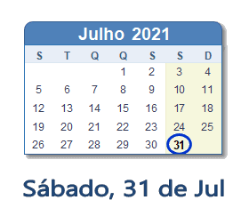 31 Julho 2021 calendario