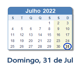 31 Julho 2022 calendario