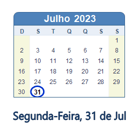 31 Julho 2023 calendario