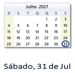 31 Julho 2027 calendario