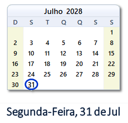 31 Julho 2028 calendario