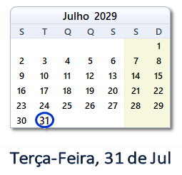 31 Julho 2029 calendario